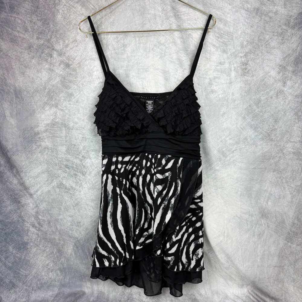 Y2K Apostrophe XL Zebra Print Ruffle Camisole Top Black White Chiffon Cami